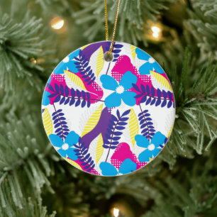 Colourful Chic Floral & Dot Pattern with Leaves Ceramic Ornament