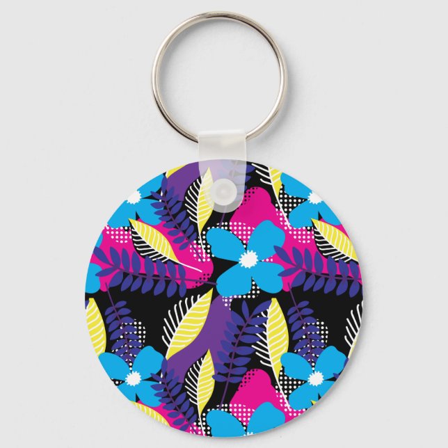 Colourful Chic Floral & Dot Pattern with Leaves Ke Keychain (Front)
