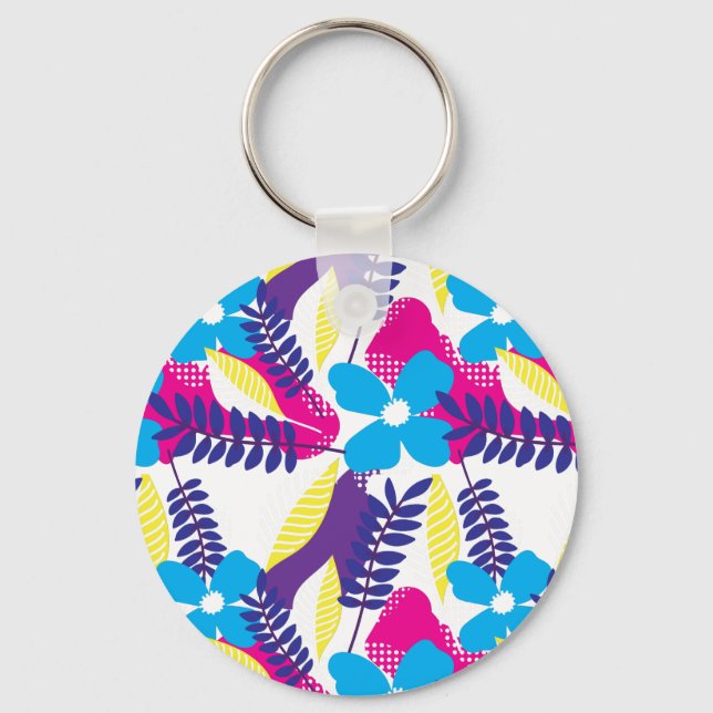 Colourful Chic Floral & Dot Pattern with Leaves Keychain (Front)