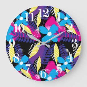 Colourful Chic Floral & Dot Pattern with Leaves La Large Clock