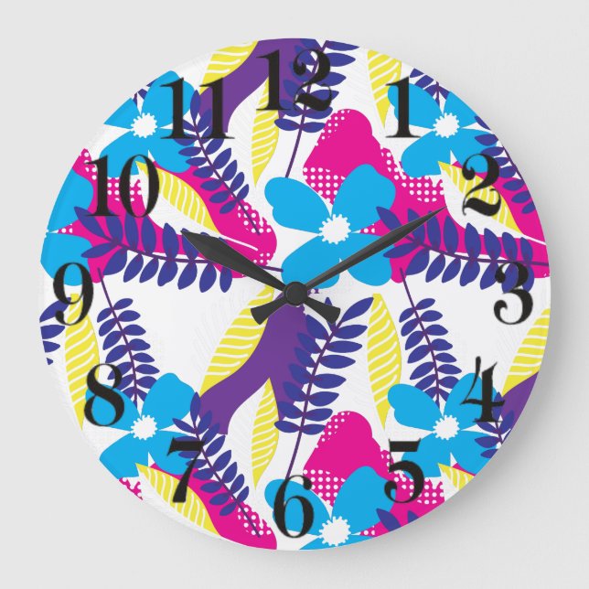 Colourful Chic Floral & Dot Pattern with Leaves Large Clock (Front)