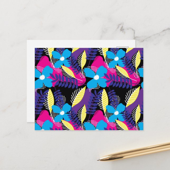 Colourful Chic Floral & Dot Pattern with Leaves Po Postcard (Front/Back In Situ)