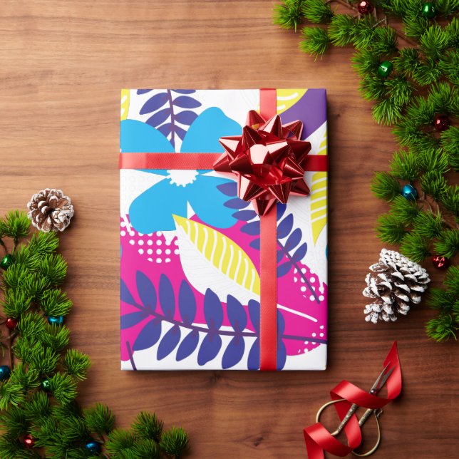 Colourful Chic Floral & Dot Pattern with Leaves Wrapping Paper (Holiday Gift)