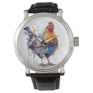 Colourful chicken in watercolor watch