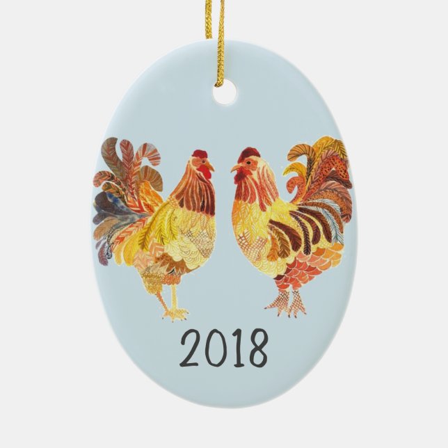 Colourful Chicken Pair Keepsake Year Ceramic Ornament (Back)