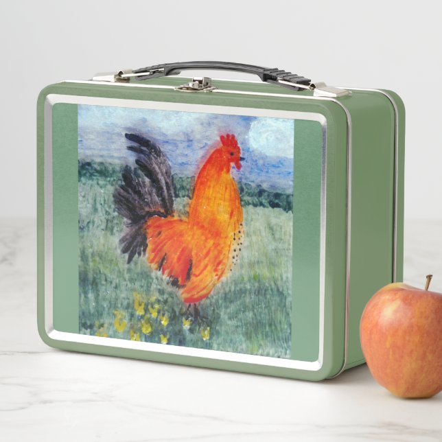 Colourful Chicken Rooster Farm Animal Metal Lunch Box (In Situ)