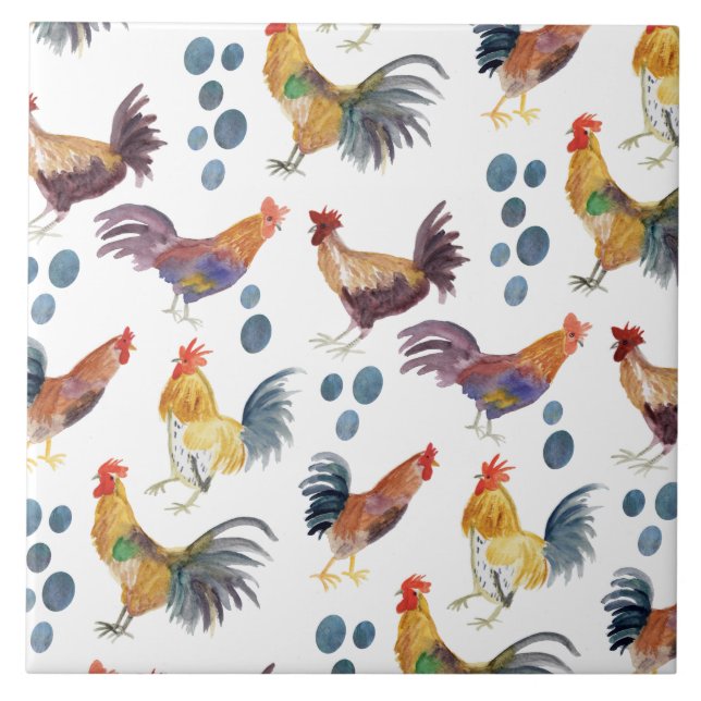 Colourful Chickens & Eggs Pattern Watercolor Farm Tile (Front)