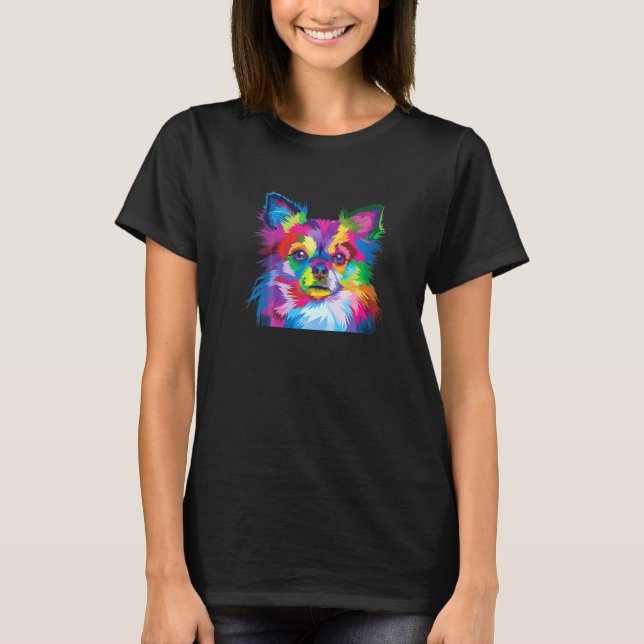 Colourful Chihuahua Long Hair Dog  Pop Art Artisti T-Shirt (Front)