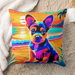 Colourful Chihuahua Puppy on Sunset Beach Throw Pillow