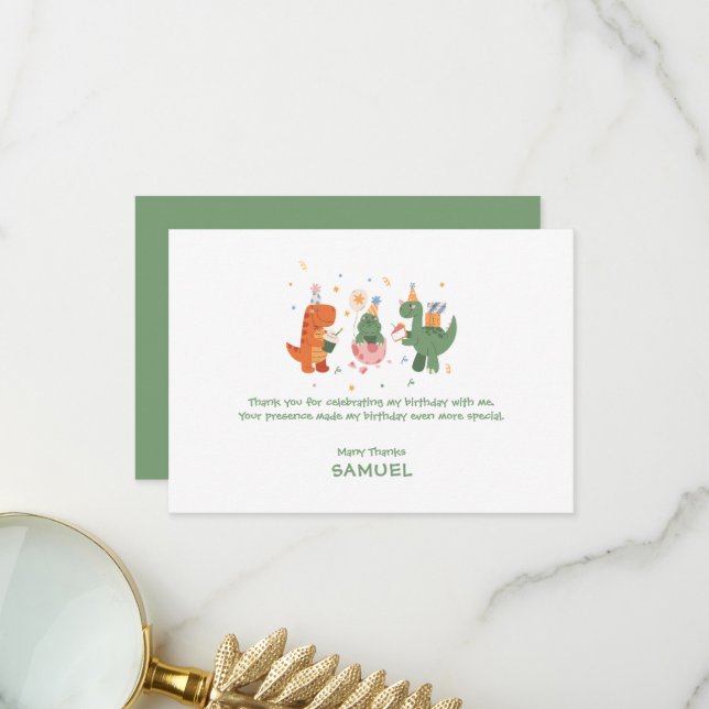 Colourful Childish Dinosaurs Kids Birthday  Thank You Card (Front/Back In Situ)