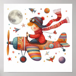 Colourful Children's Art Child Flying Old Airplane Poster