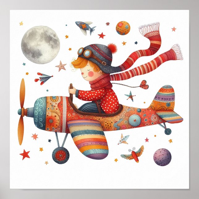 Colourful Children's Art Child Flying Old Airplane Poster (Front)