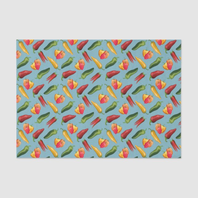 Colourful Chili peppers on blue  Tissue Paper (Front)