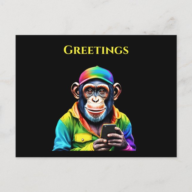 Colourful Chimpanzee with a Phone-Funny- Postcard (Front)