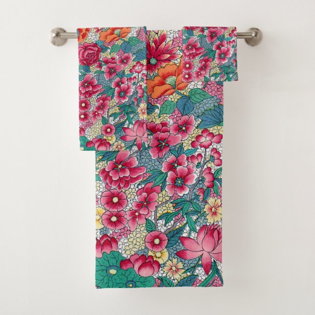Colourful Chinese Floral Pattern Bath Towel Set (Insitu)