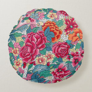 Colourful Chinese Floral Pattern Round Pillow