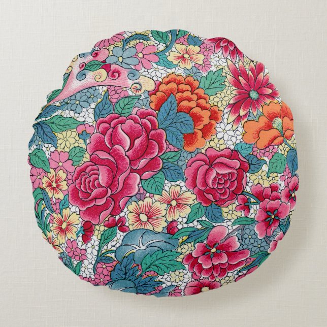 Colourful Chinese Floral Pattern Round Pillow (Front)
