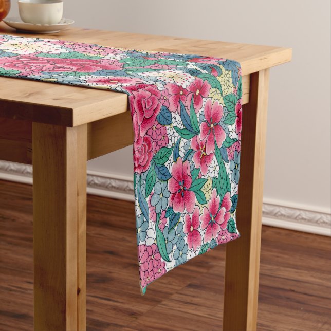 Colourful Chinese Floral Pattern Short Table Runner (In Situ)
