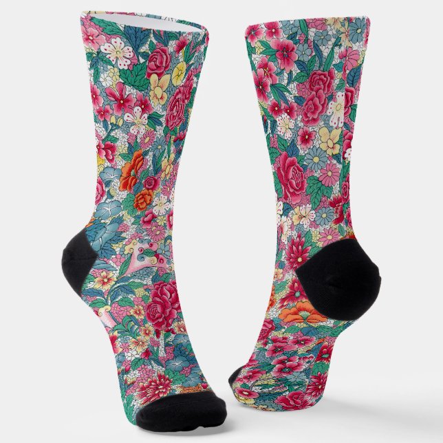 Colourful Chinese Floral Pattern Socks (Angled)