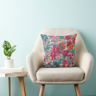 Colourful Chinese Floral Pattern Throw Pillow