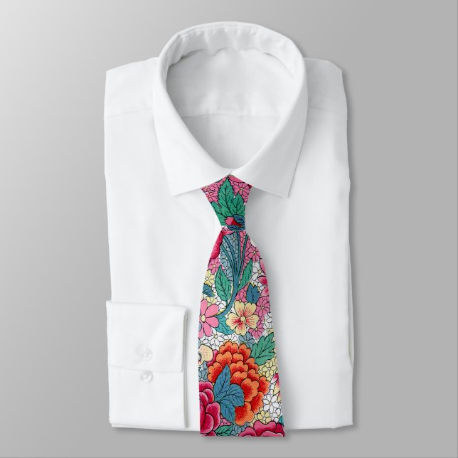 Colourful Chinese Floral Pattern Tie (Tied)
