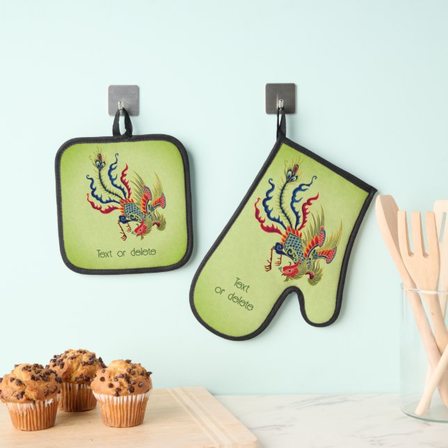 Colourful Chinese Rooster Art Personalized Oven Mitt & Pot Holder Set (Insitu(Hanging))