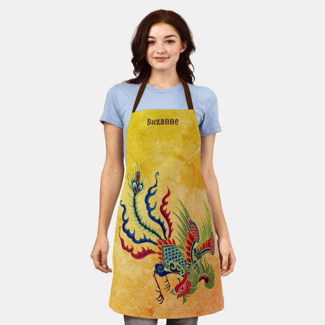 Colourful Chinese Rooster Design Personalized Apron (Worn)