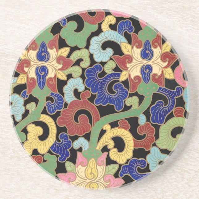 Colourful Chinoiserie Floral Pattern on Black Coaster (Front)