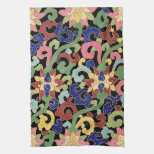 Colourful Chinoiserie Floral Pattern on Black Kitchen Towel