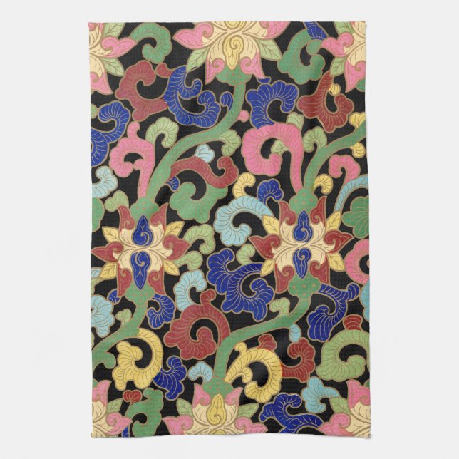 Colourful Chinoiserie Floral Pattern on Black Kitchen Towel (Vertical)