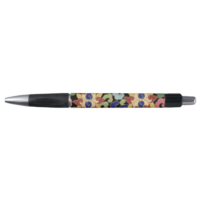 Colourful Chinoiserie Floral Pattern on Black Pen (Front)