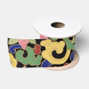 Colourful Chinoiserie Floral Pattern on Black Satin Ribbon