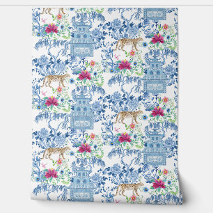 Colourful Chinoiserie Leopard Pagoda n Willow Tree Wallpaper