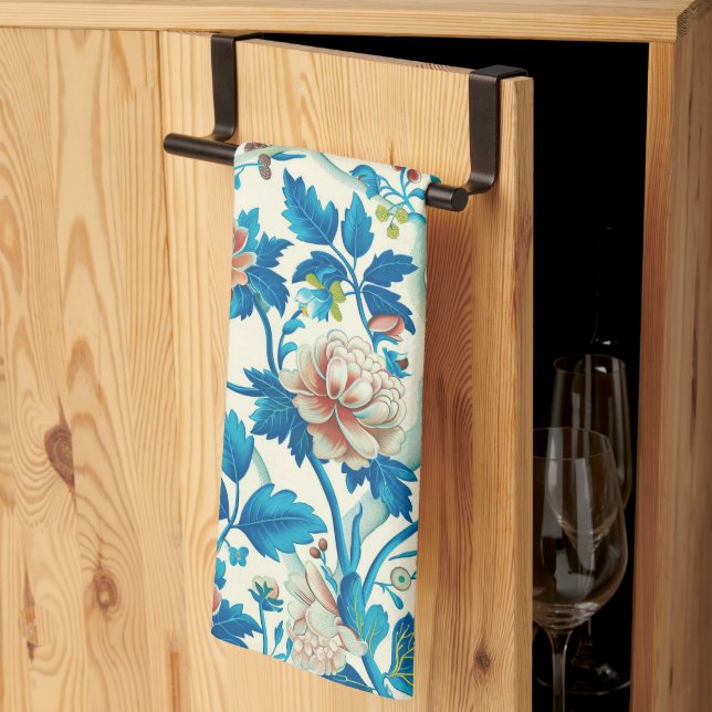 Colourful Chinoiserie Traditional Floral Pattern Kitchen Towel (Thirds Fold)