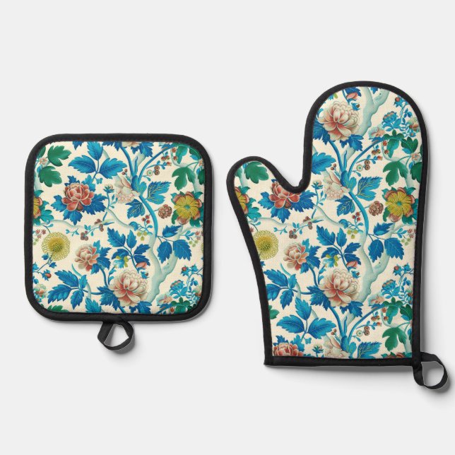 Colourful Chinoiserie Traditional Floral Pattern Oven Mitt & Pot Holder Set (Front)