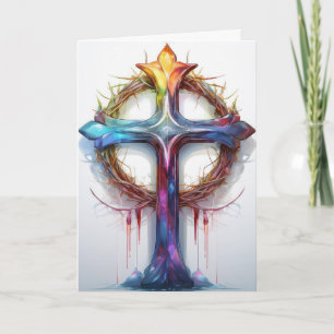 Colourful Christian cross over crown of thorns Card