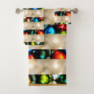 Colourful Christmas Balls And White Lights Stripes Bath Towel Set