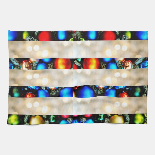 Colourful Christmas Balls And White Lights Stripes Kitchen Towel (Horizontal)