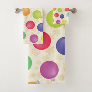 Colourful Christmas balls,Gold Snowflakes Bath Towel Set