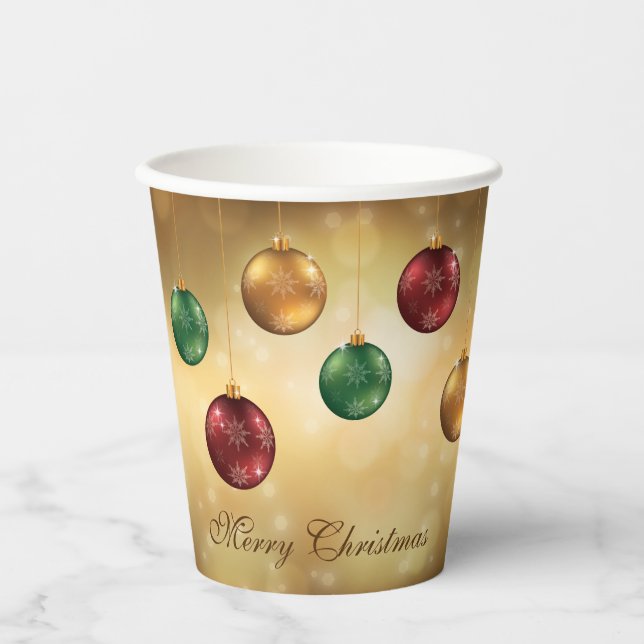 Colourful Christmas Baubles On Yellow Bokeh Paper Cups (Front)