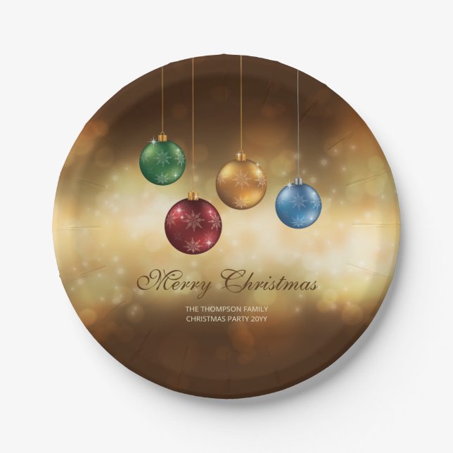 Colourful Christmas Baubles On Yellow Bokeh Paper Plate (Front)