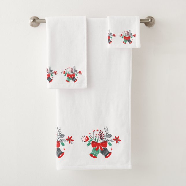 Colourful Christmas Bell & Flowers Bouquet. Bath Towel Set (Insitu)