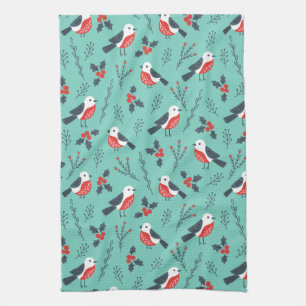 Colourful Christmas Birds & Winter Foliage Pattern Kitchen Towel