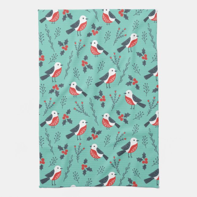 Colourful Christmas Birds & Winter Foliage Pattern Kitchen Towel (Vertical)