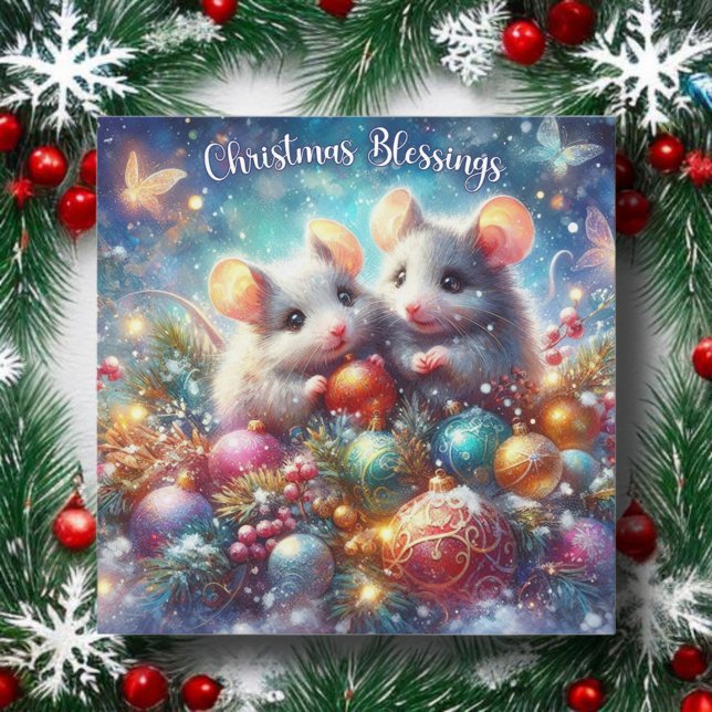 Colourful Christmas Blessings Cute Festive Mice Holiday Card (Creator Uploaded)