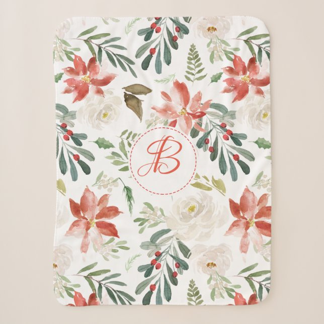 Colourful Christmas flowers pattern monogram Sherpa Blanket (Front)