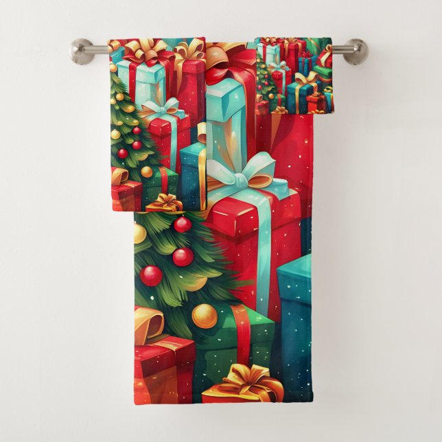 Colourful Christmas Gifts,  Holiday Tree Pattern  Bath Towel Set (Insitu)