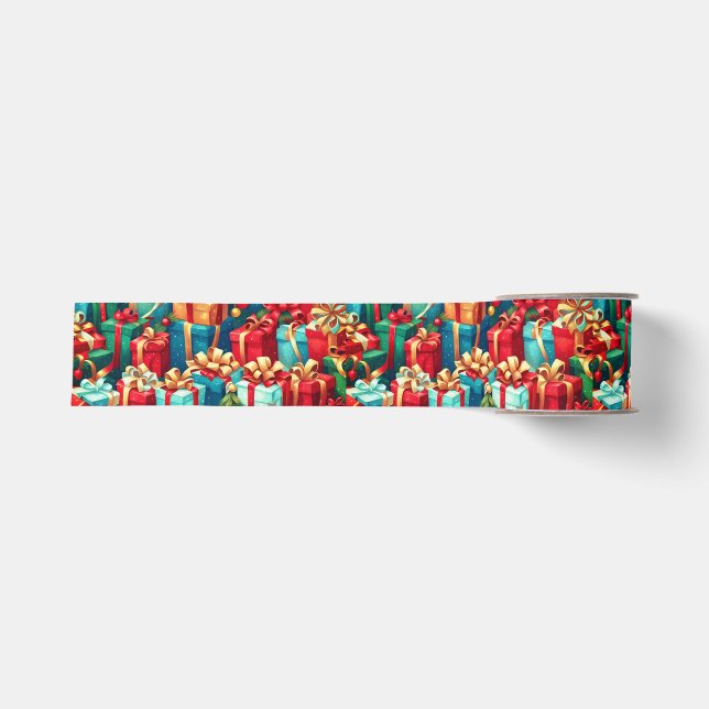 Colourful Christmas Gifts,  Holiday Tree Pattern  Grosgrain Ribbon (Front)