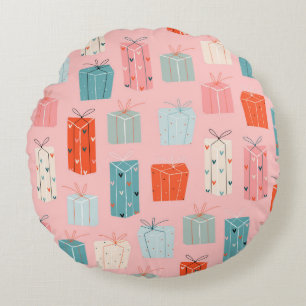 Colourful Christmas gifts on a pink background. Se Round Pillow
