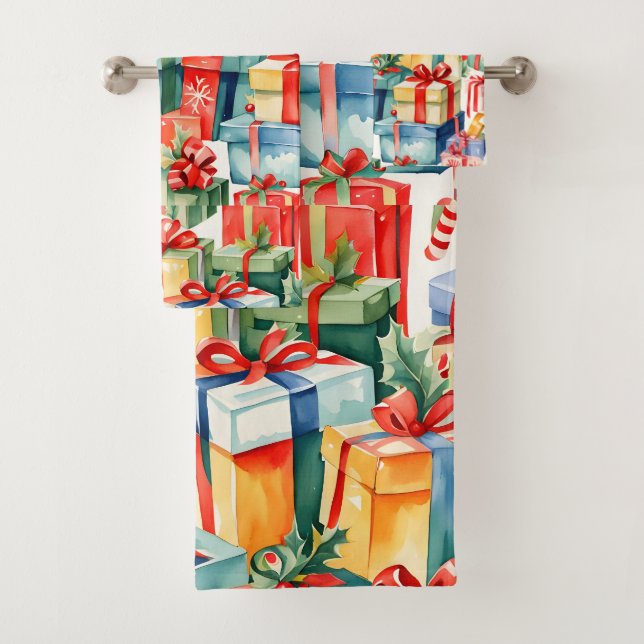 Colourful Christmas Gifts Watercolor  Pattern  Bath Towel Set (Insitu)